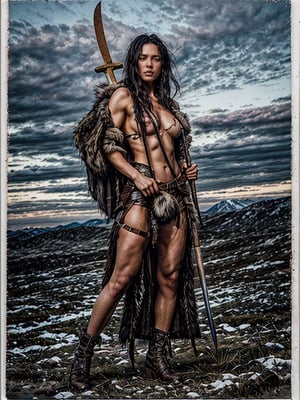 A medium-shot image of a fierce female barbarian with a muscular build, captured in a realistic, photograph-like style. She has long, braided dark hair and piercing green eyes. Her skin is heavily tanned and scarred. She is dressed in fur and leather, with a large axe strapped to her back. The background is a rugged, mountainous terrain with a cloudy sky.