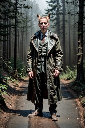 full body shot, (film grain), surrealism, photographic art style, A fantasy werewolf-like creature standing in a forest area. The creature has exaggerated facial features with large ears, a pointed nose, and sharp teeth, which gives it an eerie and otherworldly appearance. It is dressed in old-fashioned clothing, including a coat, vest, and trousers, contrasting with the primitive nature of its form, the forest setting is foggy, adding to the mysterious and supernatural atmosphere of the scene, the overall tone of the image is dark and moody, with sepia tones suggesting that it may be from an earlier period or its Stylized performance.