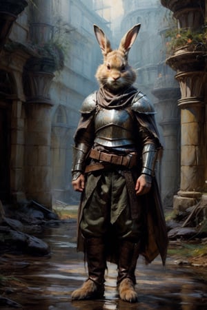 full body shot, daytime, realism, film grain, candid camera, color graded film, eye spotlight, atmospheric lighting, skin pores, blemishes, nature, shallow depth of field, solo, looking at viewer, holding, standing, weapon, belt, sword, cape, holding weapon, armor, rabbit ears, animal, holding sword, sheath, furry, rabbit,perfect light,oil painting