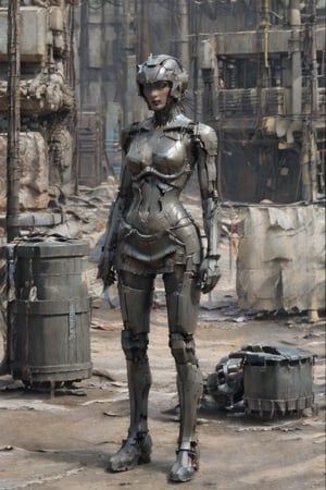 A cinematic photograph captures a majestic 2-meter tall organomachine creature standing amidst the desolate, rocky terrain of a barren planet. The humanoid figure boasts a robust biological core encased within a metallic exoskeleton, its modular limbs incorporating mechanical actuators and biological muscles. A metal helmet adorns the head, featuring multiple bionic eyes and sensors, while pale skin is partially covered by metal plates in various colors and textures. In this harsh environment devoid of life, the organomachine creature appears to be scavenging for robotic parts and energy sources. The 8K resolution photograph showcases ultra-detailed photorealism, with cinematic lighting accentuating the drama of the scene. The creature's athletic body shape and perfect proportions are highlighted, complete with notable features such as big breasts.,cutout dress,T-90M,BTR-80,Cyberpunk_Anime,taiwan road