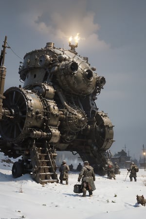 Jakub Rozalski's Historical Fantasy: In a snowy landscape, a massive, steam-powered automaton bears down on a group of soldiers, its gears and pistons lit by the eerie glow of dawn.