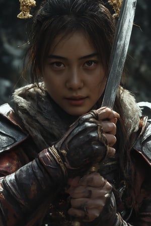 Full body shot, angle view, close-up shot, physically-based rendering, portrait, ultra-fine painting, extreme detail description, Akira Kurosawa's movie-style poster features a full-body shot of a 28-year-old girl, embodying the samurai spirit of Japan's Warring States Period, An enigmatic female samurai warrior, clad in ornate armor and wielding a gleaming katana, This striking depiction, seemingly bursting with unspoken power, illustrates a fierce and formidable female warrior in the midst of battle. The image, likely a detailed painting, showcases the intensity of the female samurai's gaze and the intricate craftsmanship of his armor. Each intricately depicted detail mesmerizes the viewer, immersing them in the extraordinary skill and artistry captured in this remarkable piece.,realistic,nodf_lora,masterpiece