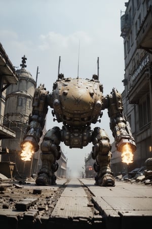 Behemoth of War, a massive military spider robot emerges from the foggy terrain. It walks on its feet and carries a heavy cannon on each shoulder, ready to unleash devastating firepower on its enemies. The camera captures the momentum of the tank as it advances.,perfect light