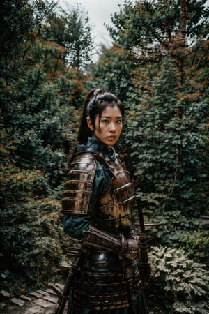 Full body shot, the clear lines look, outdoors, daytime, realism, film grain, candid camera, color graded film, eye spotlight, atmospheric lighting, skin pores, blemishes, nature, shallow depth of field, shallow depth of field draws focus to 1girl, weapon, female focus, ree sword, shoulder armor,  pauldrons, breastplate, japanese armor,japanese_garden_background