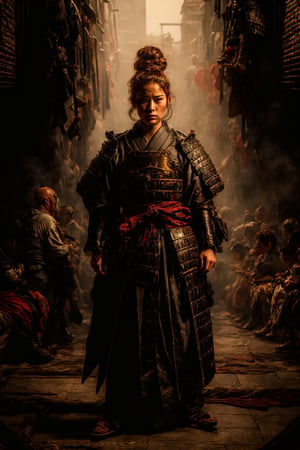 Solid rendering, portrait, ultra-fine painting, extreme detail description, Akira Kurosawa's movie style poster, full body shot of a 16 year old bald samurai girl with shaved head, brown eyes, freckles, samurai sword, concrete city in the background, samurai Kimonos, samurai belts, weapons, and vivid colors embody the samurai spirit of Japan's Warring States Period. The female samurai wear gorgeous armor and are eye-catching, seemingly bursting with self-evident power. The image is a detailed painting that shows the intensity of the warrior woman's gaze and the intricate craftsmanship of the armor. Every intricate detail is depicted to mesmerize viewers, immersing them in the extraordinary skill and artistry captured in this extraordinary epic masterpiece, cinematic experience, and dark fantasy digital art.