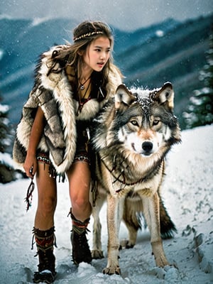 mountain wall, a 20-year-old tribal girl sneaking on prey with her pet wolf,fur clothes, falling_snow, wearing an animal hair top and short skir,LinkGirl,Beuty 