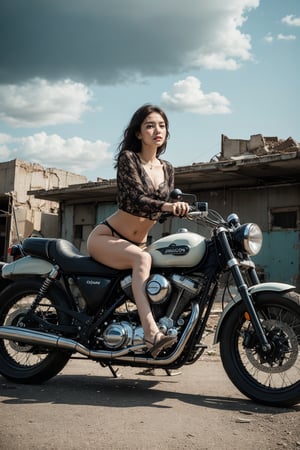 panoramic view, full body shot, A ravishing Korea girl sits astride a vintage Vincent Black Shadow motorcycle, porcelain complexion aglow under dim post-apocalyptic light. Cracked asphalt and rusted cars stretch like skeletal fingers amidst desolate backdrop of abandoned town. Wild foliage sprawls, reclaiming ruins. Her piercing gaze pierces through dark clouds, delicate intricacy on her features. Close-up shot frames face, super-wide angle captures ravaged landscape's cluttered maximalism.,realistic