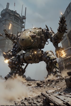 Behemoth of War, a young petty girl stands in the fornt of a massive military spider robot emerges from the foggy terrain. It walks on its feet and carries a heavy cannon on each shoulder, ready to unleash devastating firepower on its enemies. The camera captures the momentum of the tank as it advances, perfect light