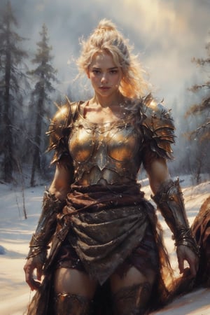 A majestic fat polar bear, adorned in gorgeous armor, is hugging a determined 28-year-old female warrior's neck as they struggle through a winter forest amidst white snow and strong winds. The plump warrior wears an animal hair top and short skirt, her lower abdomen exposed, with piercing eyes focused on the task at hand. Golden hair blows wildly in the gusts. Ambient light casts a warm glow on skin pores and imperfections, while eye spotlights add realism to tonal film grain, as they stand out against the mystical, snow-covered backdrop.,Fantasy