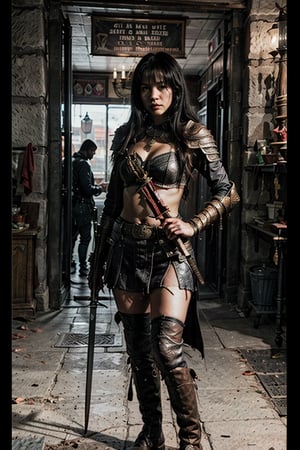 full body shot, the clear lines look, 1girl, solo, long hair, black hair, holding, jewelry, weapon, boots, midriff, sword, dark skin, holding weapon, armor, blurry, dark-skinned female, shield, dirty