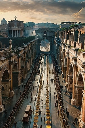  A hyper-realistic depiction of ancient Rome in turmoil: chaos erupts on March 238 AD as six emperors vie for dominance. Amidst the mayhem, Gordian I, a resolute 29-year-old, emerges with unwavering determination to seize the throne. The camera zooms in on his decisive face, set against a backdrop of crumbling architecture and symbols of power, including Imperial eagles, triumphant arches, and scattered coins, as the city's once-stable streets now teem with conflict.