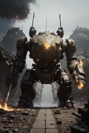 Behemoth of War, a massive military spider robot emerges from the foggy terrain. It walks on its feet and carries a heavy cannon on each shoulder, ready to unleash devastating firepower on its enemies. The camera captures the momentum of the tank as it advances.