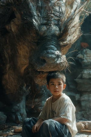 realism, film grain, candid camera, color graded film, eye spotlight, atmospheric lighting, skin pores, blemishes, nature, shallow depth of field, draws focus to A 6-year-old Asian boy of medium build, wearing a white T-shirt and dark blue pants, sits in front of a large realistic Chinese dragon. The dragon's head is turned towards the Asian boy, looking at the other child with caring eyes. The boy's childish face looks directly at the viewer. His hair is short and black, and his skin is light brown. In the background is a Japanese shrine and garden landscape, with scattered stone statues, adding depth to the composition.