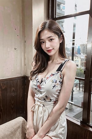 Best quality, 8k, 32k, raw photo, photorealistic, UHD, lifelike rendering, Photo of Pretty Japanese woman, early-twenty, maiko, (medium dark brown hair), double eyelids, dark brown eyes, glossy lips, exquisite facial, daily makeup, natural large breasts, slender plump body, soft curves, (pale skin:1.3), firm skin, daily outfit, tulle-chiffon floral loose dress, sharp focus, charming face, smile, look at camera, closed to up, detailed fabric rendering, 
