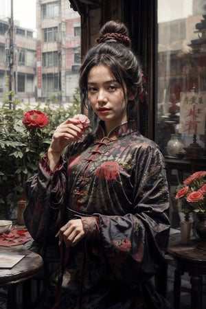 A beautiful girl with black hair tied up and wearing Chinese clothing is holding a peony flower. perfect hands, 