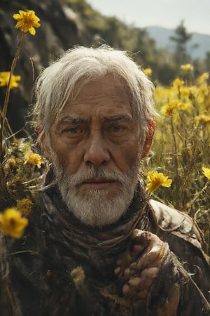 full body shot, film grain, surrealism, photographic art style, surreal world, the year is 1850, male focus, the protagonist is an old Ottoman chanter, leading an old horse to carry luggage, solo, white hair, white Beard, old man, gloves, he is trying hard to climb the grassland full of yellow rapeseed flowers. He squints his eyes and faces the wind, silent. The old man's white beard and the sea of ​​yellow flowers dance in the wind, as if they are also singing the old man's song. Past memories, 16k, realistic, wide-angle lens, high contrast, tone, cinematic light and shadow, film texture, hand-painted details, epic details, perfect composition, dynamic light and shadow, rich colors, epic lens, perfect quality, natural texture, high details, light and shadow, ( Natural colors, correct whiteness) balance, color correction, dehazing), (complex details)(more detail XL:1.2), (more sharpness:1.4), (oiled skin:1.05),(more saturation:1.2),Skaven