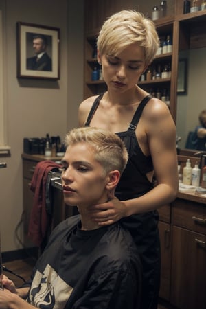 A gorgeous blonde sat in a barbers chair in an old school barbershop having her hair shaved off to a skin fade short back and sides haircut, masterpiece,
