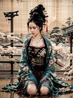 Akira Kurosawa's cinematic style poster,A 28-year-old girl,full body shoot,embodying the spirit of a Samurai from the Warring States Period in Japan. Brightly colored,with a backdrop of war,She wears traditional samurai armor adorned with intricate details,holding a katana with determination,The falling smoke of gunpowder,symbolizing the beauty amidst conflict, shallow depth of field, Detailed, historical, and with a touch of elegance, cinematic, detailed, style dominated by red, minimalist composition shimmer,edge ligh,best Shallow depth of field, vivid colors, hotorealistic, RAW, 16K, Masterpiece, UHD, full body shot, sharp focus, professional, bokeh, ultra realistic, top dramatic lights, dynamic shadows, closeup portrait photo, defying expectations, ethereal, smoky backdrop, atmospheric haze,samurai armor,nodf_lora,m4rg0t,renaissance,realistic,hanoi,breasts, Japanese art,1girl锛� roujinzhi,JAR,nightgown,xuer plate armor,cbpkv5,omatsuri,Lute