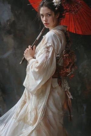 a woman dressed in a traditional Japanese kimono, adorned with white flowers, stands in front of a dark gray backdrop. She is holding a red parasol, her hair cascading over her shoulders, adding a touch of beauty to the scene. The parasol is adorned with a white flower in her hair, adding depth to the composition.