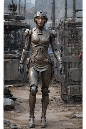 A cinematic photograph captures a majestic 2-meter tall organomachine creature standing amidst the desolate, rocky terrain of a barren planet. The humanoid figure boasts a robust biological core encased within a metallic exoskeleton, its modular limbs incorporating mechanical actuators and biological muscles. A metal helmet adorns the head, featuring multiple bionic eyes and sensors, while pale skin is partially covered by metal plates in various colors and textures. In this harsh environment devoid of life, the organomachine creature appears to be scavenging for robotic parts and energy sources. The 8K resolution photograph showcases ultra-detailed photorealism, with cinematic lighting accentuating the drama of the scene. The creature's athletic body shape and perfect proportions are highlighted, complete with notable features such as big breasts.,cutout dress,T-90M,BTR-80,Cyberpunk_Anime