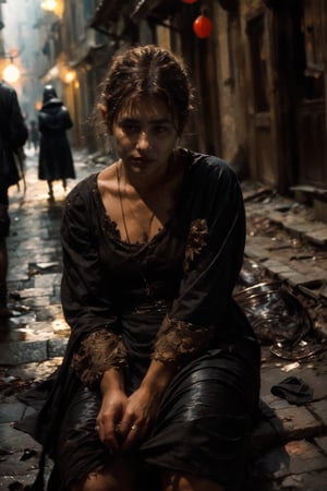 realism, film grain, candid camera, color graded film, eye spotlight, atmospheric lighting, skin pores, blemishes, nature, shallow depth of field, draws focus to A medieval village in the midst of the Black Death, with crumbling stone houses and empty streets, an woman in dirty clothes sitting in the street. 