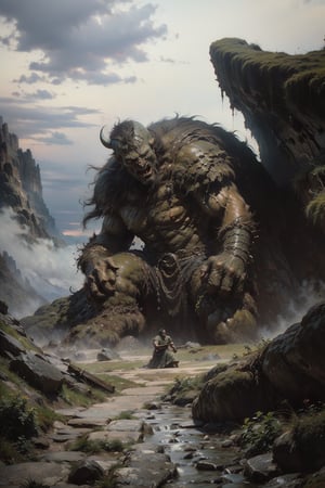 A giant stone monster creature sits on top of boulders, screaming at an adventurer with black hair and short beard who is being torn apart in the style of Frank Frazetta's paintings by the rock beast.