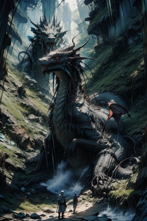 Side view, the clear lines look, feature, concept art by Antonio Manzanedo, depicting a majestic long-necked dragon awakened by a clueless expedition in a dark lava cave. The dragon's big angry eyes glared at the surroundings, and its wild roar echoed in the cave. The scene is illuminated by glowing lava, highlighting the dragon's intricate scales and furious expression. The expedition team members were fully armed and prepared, standing ready for battle with tense and firm postures. The composition captures the dramatic confrontation, with the majesty of the dragon dominating the foreground.