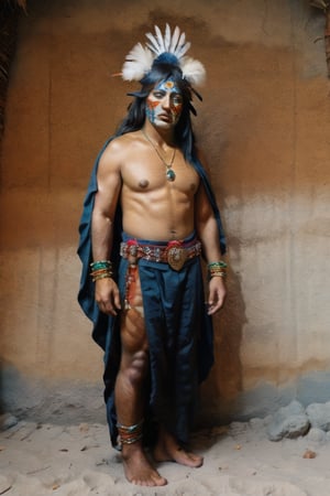 solo, 1boy, jewelry, standing, full body, male focus, barefoot, dark skin, necklace, facial hair, dark-skinned male, feathers, headdress, facepaint, tribal, native american