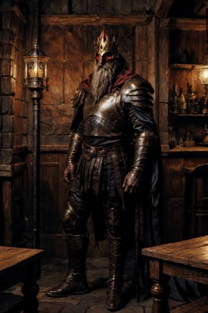 In the corner of a noisy bar in the Middle Ages, under the dim light of an oil lamp, sat the monster bounty hunter Charlie. Charlie has short golden hair, handsome appearance, and a strong physique. In his left hand, he holds a silver chalice filled with red wine, which is half closed. His eyes are thoughtful, but his expression is resolute. Although he is wearing a worn and stained battle uniform and worn leather armor, he still can't conceal his swordsman's temperament and king's arrogance. The handle of the sword half covered by the cape on his back is reflected With cold light,Gael,nodf_lora,oil painting,Handsome Belgian Men