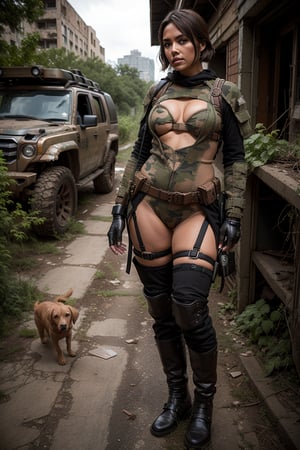 A desolate post-apocalyptic landscape unfolds as a Brown Labrador, its rich brown fur glistening amidst the ruin, navigates beside a heavily armored female humanoid robot in combat camouflage. The Labrador's determined gaze stands out against the eerie beauty of overgrown vegetation reclaiming crumbling city structures. Haunting yet poignant, this full-body shot captures the resilience of life amidst decay.,sexbodysuit,masterpiece