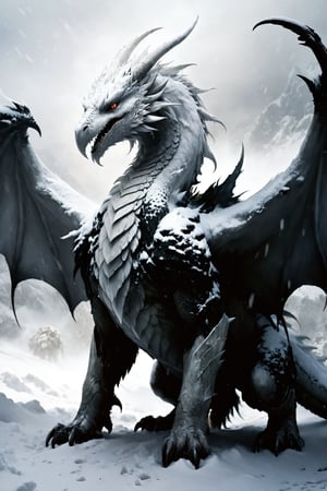 Concept art by Antonio Manzanedo depicts in extreme detail a truly majestic snow dragon awakened by ignorant warriors after thousands of years of slumber. Set against a field of pure white snow, the slender snow dragon has It has a long neck, a head like an eagle, with a sharp beak and small nostrils, four sharp claws, no horns, but snow-white feathers, and its big deep eyes staring angrily at the surrounding warriors, wild. The roaring sound makes people crazy, and the wind and snow rolling around make the picture more distant, Canon EOS-1D, f/5. 6