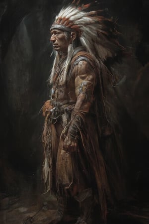 a medium-angle shot of a Native American Indian man stands against a dark backdrop, adorned with a headdress adorned with feathers and a necklace. The man's headdress is adorned with an intricate design, adding a touch of beauty to the scene. His attire is reminiscent of a native american Indian, with a feather headdress and a feather necklace around his neck. His skin is adorned adorned with jewelry, including a necklace, earrings, and bracelets. His hands are adorned with long, slender, brown bands, and long, dark boots. His headdress, adorned in a unique design, is adorned by a large headdress of feathers, adding depth to the overall composition.