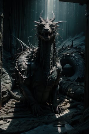 feature, concept art by Antonio Manzanedo, realism, film grain, candid camera, color graded film, eye spotlight, atmospheric lighting, skin pores, blemishes, nature, shallow depth of field, shallow depth of field draws focus to a majestic long-necked dragon awakened by a clueless expedition in a dark lava cave. The dragon's big angry eyes glared at the surroundings, and its wild roar echoed in the cave. The scene is illuminated by glowing lava, highlighting the dragon's intricate scales and furious expression. The expedition team members were fully armed and prepared, standing ready for battle with tense and firm postures. The composition captures the dramatic confrontation, with the majesty of the dragon dominating the foreground.