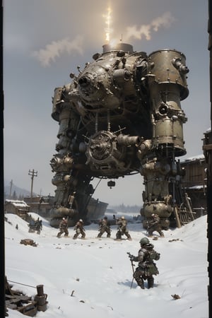 Jakub Rozalski's Historical Fantasy: In a snowy landscape, a massive, steam-powered automaton bears down on a group of soldiers, its gears and pistons lit by the eerie glow of dawn.