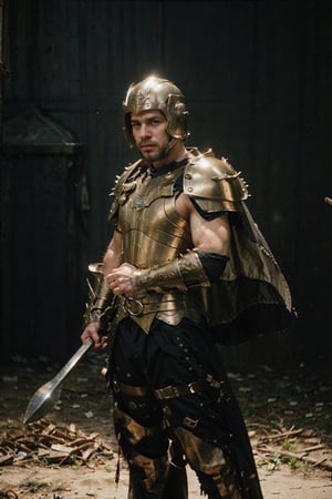 Full body shot, realism, film grain, candid camera, color graded film, eye spotlight, atmospheric lighting, skin pores, blemishes, nature, shallow depth of field, shallow depth of field draws focus to 1boy, solo, holding, weapon, male focus, holding weapon, armor, muscular, facial hair, watermark, helmet, shoulder armor, web address, beard, shield, manly, holding shield,