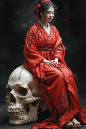 a Japanese woman, dressed in a red kimono, adorned with a red bow and a white face paint. Her black hair is tied in a ponytail, adding a pop of color to her face. She is seated on a white skull, which is adorned with red eyes and a red ribbon. The backdrop is a deep black, creating a stark contrast to the white skull.