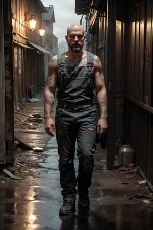 Full body shot, daytime, outdoors, realistic, film grain, candid camera, color graded film, eye spotlight, atmospheric lighting, skin pores, blemishes, nature, shallow depth of field, focus on Infamous alley, night, a young man, bald, bearded, tattooed, wearing dog tags, rugged, wearing a white vest, worn overalls and flip-flops, is opening an abandoned wooden Warehouse door, black puppy barking at him, broken windows, peeling paint, graffiti, a discolored notice on the door from the window, foggy night, with an uneasy and floating atmosphere, dynamic composition, meticulous , realistic and fine texture details.,masterpiece,1,nodf_lora,perfect light