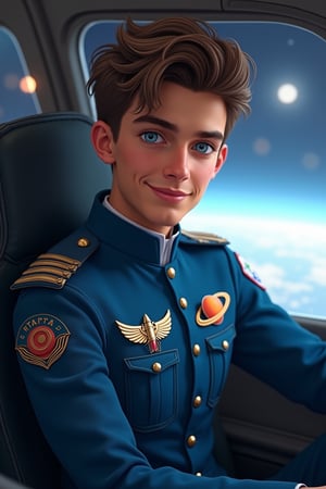 A young man, a heartthrob with captivating blue eyes and neatly styled brown hair, sits confidently in the pilot's seat of a spaceship, his masculine yet sweet charm evident in his warm smile. He wears a crisp blue uniform adorned with a badge featuring wings and a rocket on his chest, signifying his rank. A chevron in the form of a stylized Saturn graces his sleeve, and a stylish cap completes his ensemble. The hyper-realistic scene, reminiscent of the works of Greg Rutkowski, Syd Mead, and Artgerm, showcases the intricate details of the spaceship's interior and the vast expanse of space beyond the cockpit window. This stunning 8K artwork blends the character's allure with the futuristic setting, creating a visually striking masterpiece that trends on platforms like ArtStation.