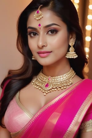 cherry lips, beautiful face,  jewellery, good jawline, curvy figure, pink saree, sexy cleavage, deep neck, bridal makeup, 24 year young, sofa background, glowing face, bindi, princess, slim nose, 