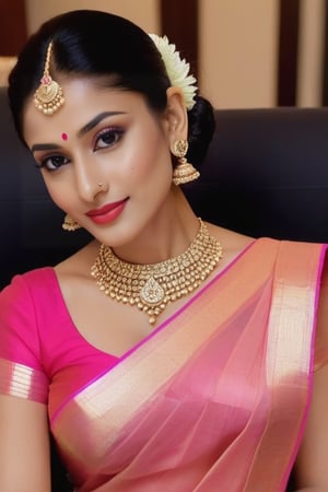 red lips, beautiful face,  jewellery, good jawline, curvy figure, pink saree, sexy cleavage, deep neck, bridal makeup, 24 year young, sofa background, glowing face, bindi, princess, slim nose, 