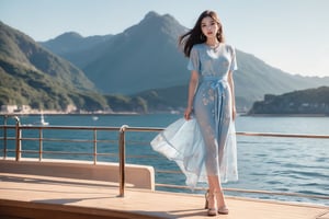 This photo presents a contemporary minimalist photography style. The composition depicts a woman on the deck of a yacht, heroic perspective, full body shot, sea, blue sky, mountains. ((Wearing a light blue, knee-length floral dress with short sleeves and a nipped-in waist.)). The skirt unfolds gracefully. The overall atmosphere is feminine and elegant, highlighting the beauty and details of the garments. She is smiling and wearing gold earrings. The overall atmosphere is relaxed and pleasant.