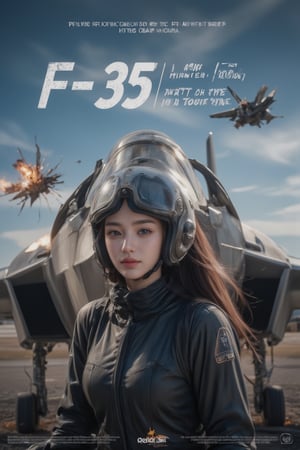 Dramatic movie poster depicting scenes from the movie.    One girl, (short brown hair: 1.4).   In a modern war film, (Wearing a fighter pilot uniform: 1.5), (Wearing a sophisticated pilot combat helmet on his head: 1.5), ((The pilot stands next to an F-35 fighter jet parked on the airport runway, Lean against the plane with one hand)).  (There were also 2 F-35 fighter jets flying over: 1.6).   Blue sky and white clouds.  ((There were multiple explosions, flames, and thick smoke on the ground)).   Thrilling atmosphere.   The subtext goes like this (("Prepare to be blown away by this action movie. A studio movie.")) The bottom of the poster and logo goes like this (("Prepare to be blown away by this action movie. A studio movie.") Movies.")) At the bottom of the poster and logo are various movie credits.