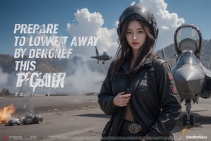 Dramatic movie poster depicting scenes from the movie.    One girl, (short brown hair: 1.4).   In a modern war film, (Wearing a fighter pilot uniform: 1.5), (Wearing a sophisticated pilot combat helmet on his head: 1.5), ((The pilot stands next to an F-35 fighter jet parked on the airport runway, Lean against the plane with one hand)).  (There were also 2 F-35 fighter jets flying over: 1.6).   Blue sky and white clouds.  ((There were multiple explosions, flames, and thick smoke on the ground)).   Thrilling atmosphere.   The subtext goes like this (("Prepare to be blown away by this action movie. A studio movie.")) The bottom of the poster and logo goes like this (("Prepare to be blown away by this action movie. A studio movie.") Movies.")) At the bottom of the poster and logo are various movie credits.