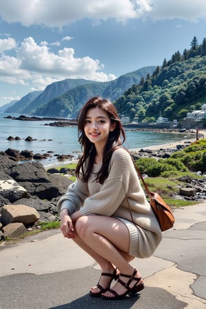 Photo of a young woman on a rocky beach.  Cute squatting position.  The composition of the image is casual and candid.  The subject is wearing a beige sweater and a white skirt and has sexy long legs.  Show off a sexy and charming smile.  Embodying a feeling of happiness and freedom.  She is carrying a brown cross-body bag.  The background includes a tranquil coastal landscape, a rocky shoreline, calm ocean waves, and distant forested hills under a partially cloudy sky.  There is a walking path with stone walls on the right side of the image, indicating a coastal path or promenade.  The overall mood is relaxed and cheerful.