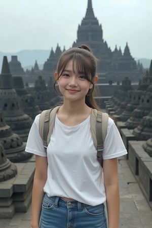 The film is grainy and realistic (full-body shooting: 1.5). 1 girl, (smile:1.5), ((long brown hair, tied into a ponytail)). ((Wearing white T-shirt, blue jeans, white sneakers)). ((Wearing a travel backpack)). Solo, {beautiful and detailed eyes}, (medium chest: 1.3), real hands, calm expression, natural soft light, delicate facial features, blunt bangs, very small earrings. The background is (Indonesia's famous Borobudur: 1.7), ((beautiful scenery as the theme, the girl is a supporting role)). ((Use a wide-angle lens to capture a panorama)).