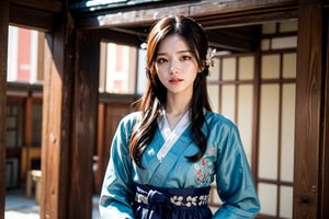 This photo shows a woman wearing traditional Korean clothing. The art style is vivid and realistic, capturing the rich textures and colors of the clothing. The focus is on the woman, who turns slightly towards the camera and smiles softly. Her hanbok consists of a beautifully embroidered blue top and a pink skirt. She wore a traditional hair accessory on her neatly styled hair. The background shows detailed traditional Korean architecture, including wooden columns and ornately painted ceilings. The overall composition emphasizes cultural heritage and elegance.