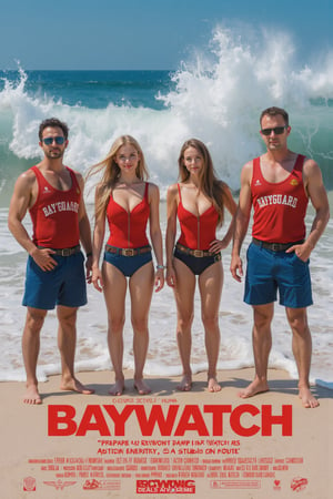 This image presents a photographic poster style typical of modern film promotional art.     (Shot from low angle elevation: 1.6).  The composition focuses on (4 men and women), ((wearing red one-piece swimsuits and lifeguard uniforms with blue shorts)), ((lifeguards hanging on their shoulders)), ((on the beach, lining up) Stand in a row and strike a cool pose)).     The theme may be related to lifeguards, showing athleticism and readiness.  ((Background includes beach scene with ocean water creating huge waves)).     The eye-catching red title "Baywatch" is displayed at the bottom, emphasizing the lifeguard theme.     The subtext goes like this ((“Prepare to be blown away by this action movie. A studio movie.”)) The bottom of the poster and logo goes like this ((“Prepare to be blown away by this action movie. A studio movie.”) Movie.")) At the bottom of the poster and logo are various movie credits.  The overall color palette is bright, highlighting the red clothing and contrasting with the softer sand and sky, drawing the viewer's attention.     This style is designed to catch people's attention with a bright and attractive look.