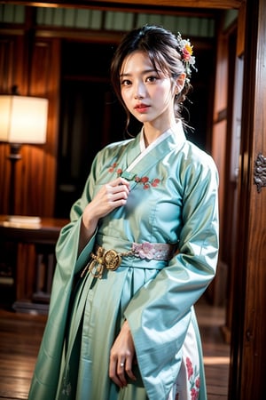 Shot at a wide angle, this photo shows a woman wearing traditional Korean clothing. The art style is vivid and realistic, capturing the rich textures and colors of the clothing. The focus is on the woman, who turns slightly towards the camera and smiles softly. Her hanbok consists of a delicately embroidered light green top and a pink skirt. Korean traditional hairstyles and hair accessories. The background shows detailed traditional Korean architecture, including wooden columns and ornately painted ceilings. The overall composition emphasizes cultural heritage and elegance.