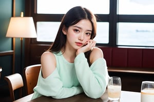 Surreal photo of beautiful girl sitting in cafe, 20 years old, 1 girl, solo, delicate delicate face, soft shiny skin, smiling, looking at viewer, elegant dress, [mint green and pink]. Sea view cafe, table, coffee cup, window, lamp, flower, (girl focus), girl picture has smaller proportions.