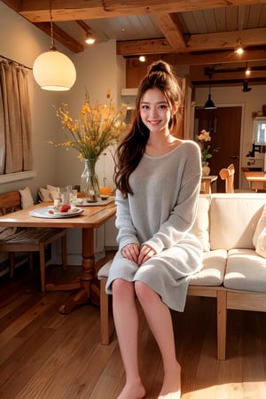 Panoramic shooting, super wide angle.  Depiction of a cozy, Nordic style small home interior.  The overall color tone is mainly white and light blue.  The home includes a small open kitchen with white cabinets, a compact oven and a small sink.  There are two seating areas with cushioned benches and headrests.  A staircase with built-in storage leads to a loft bed area.  The backdrop includes wood wainscot walls, round windows and high ceilings with recessed lighting.  Other details include a circular woven rug on the wooden floor and various decorative items such as vases and wall art, creating a cozy, homely feel.  (A girl with long brown hair tied into a ponytail, smiling, wearing loose home casual clothes), (sitting comfortably on the sofa, looking at the camera); plenty of natural light, warm and pleasant atmosphere.  Indoor plants add greenery, and indoor and outdoor elements are harmoniously blended in a realistic style.  Bright daylight, stylish and comfortable interior.  The theme of the composition is a modern loft, and the characters are supporting characters.